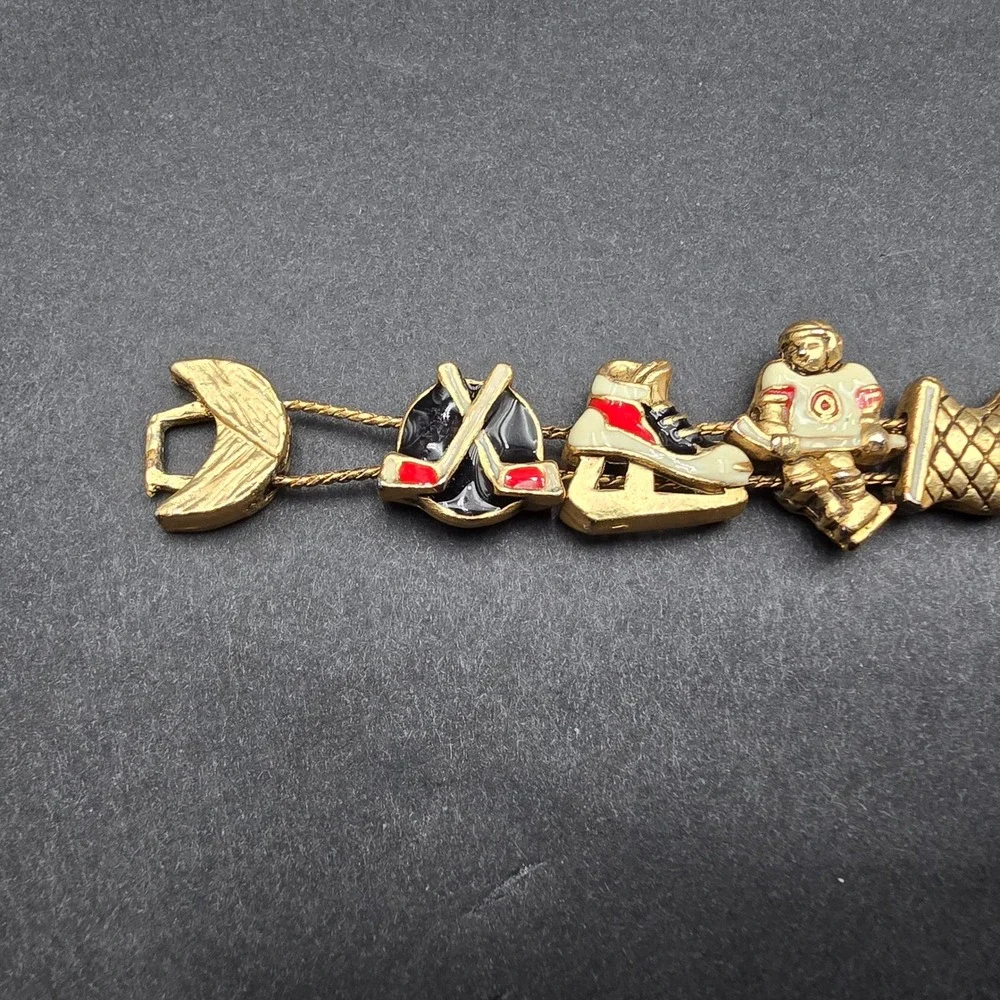 Vintage Gold Tone Ice Hockey Charm Bracelet Enamel Skates Player Net 7.25 Inch